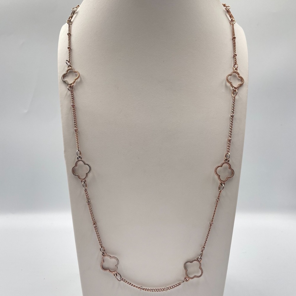 VTG Modern Clover Station Rose Gold Tone Long Layering Necklace Open Quatrefoil